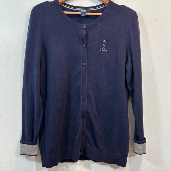 Cutter & Buck Navy Blue Cardigan LPGA Gray Cuffs Women’s Preppy Golf Activewear - Picture 1 of 13